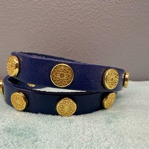 Navy Blue Genuine Leather Bracelet with Gold Accents